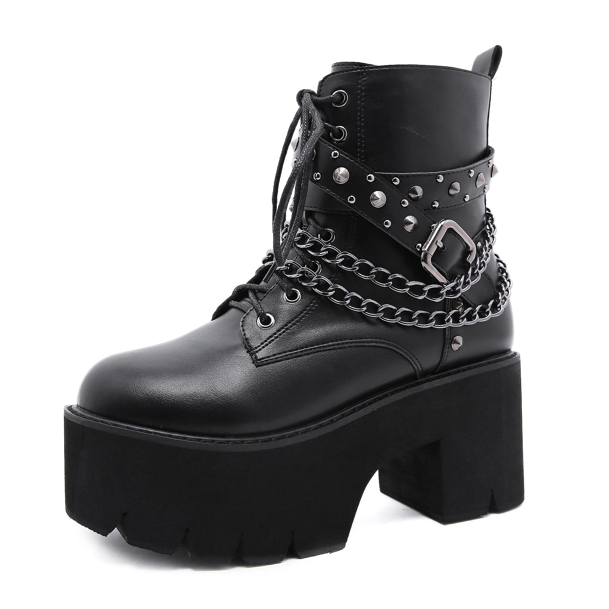 

Готические черные ботильоны для женщин, женская обувь на высоком каблуке, черная клубная обувь на шнуровке с заклепками и цепочкой 39 чёрный