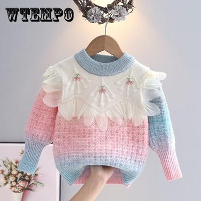 Suéter Princesa com Renda Emendada para Inverno Suéter de Tricô Grosso para Meninas com Blusa Pulôver