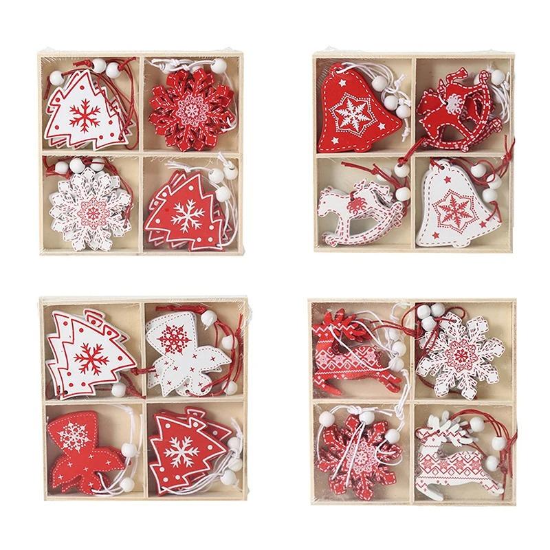 12Pcs Creative Christmas decorations DIY Christmas wooden pendants Christmas tree box set reindeer bell angel heart pendants