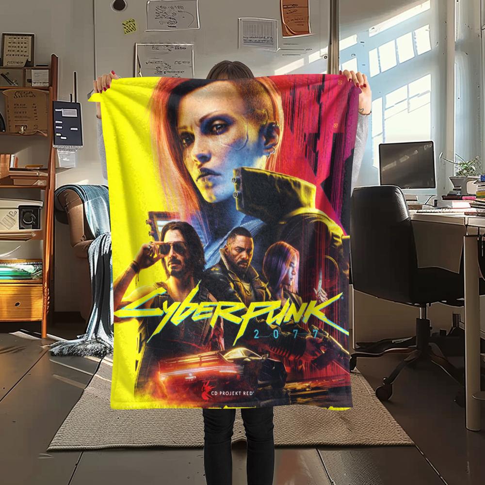 1Pc Cyberpunk Print Flannel Blanket, High quality Comfortable for All Seasons, Home Decor, Warmth and Comfort, Perfect for Christmas Gifts