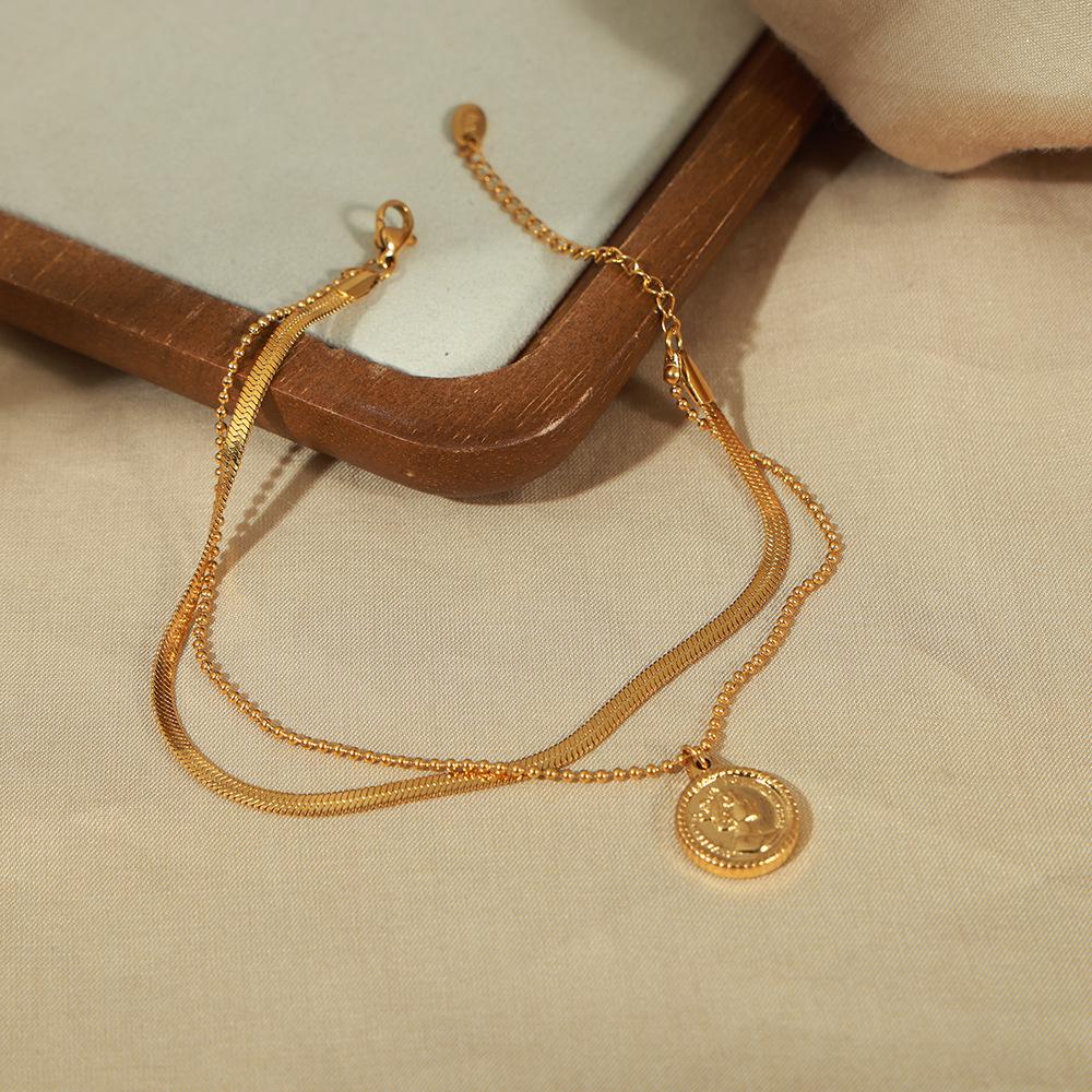 Trendy 18K Gold-Plated Double Layer Portrait Anklet with Round Pendant for Women