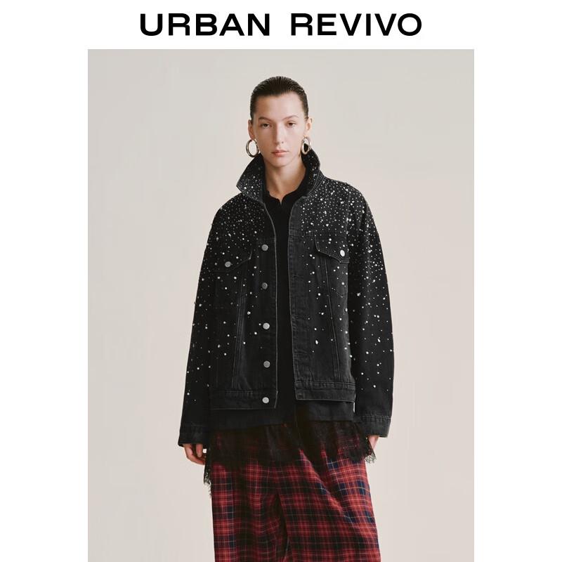 

UR 2025 Зимова джинсова куртка з лацканами зі стразами та перлами S