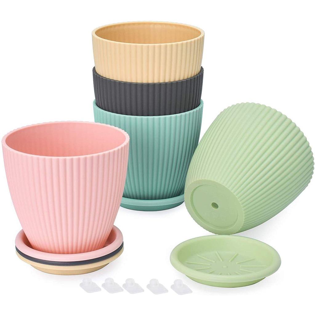 Plastic Round Flower Pot with Tray | Plant Pot for Home, Terrace, Garden Etc | Planter | Pack of 05 | Multicolor | Size 6.5 Inch