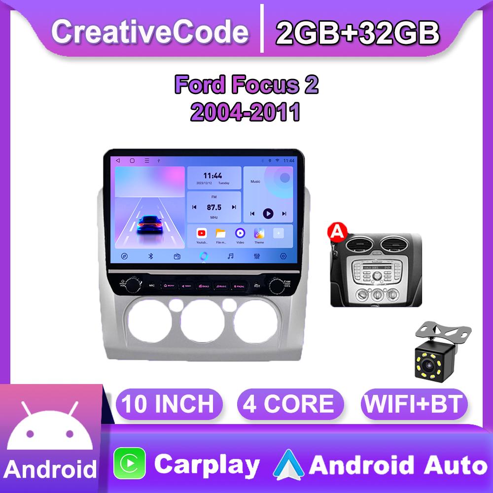 Android bilradio for Ford Focus 2 2004-2011 Med knappeknapp 10 tommers multimediespiller Navigasjon GPS Carplay 2+32GB