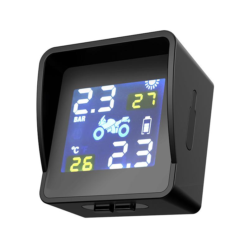 Solar Charging Tire Pressure Sensors LCD Motorcycle TPMS Tire Pressure Tyre Temperature Monitoring Alarm System with 2 Sensors TPMS