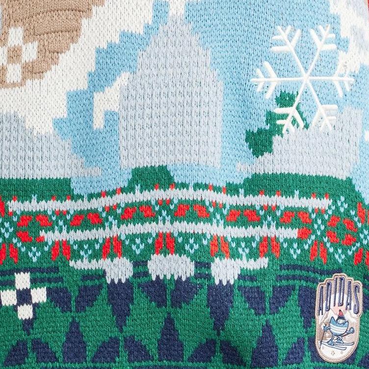 Adidas Originals Holiday Pattern Print Loose Crew Neck Long Sleeve Knit Sweater Women Tops Pink Brown IT1740