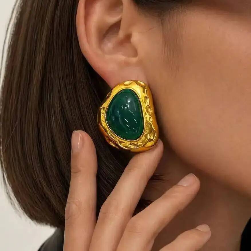 SHIXIN Retro Green Color Folded Stainless Steel Stud Earrings Women Classic 18K Gold Plated Earring Party Accessories Jewelry
