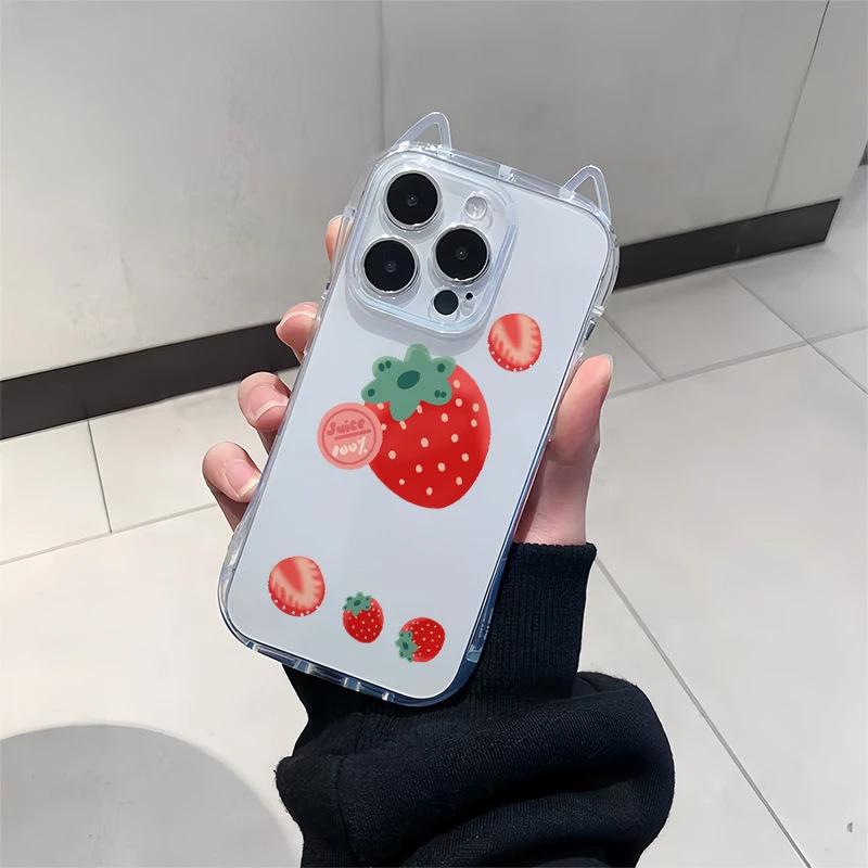 Fresh multiple strawberries iPhone17Promax mobile phone case cat ears for Apple Air transparent 16/15 soft