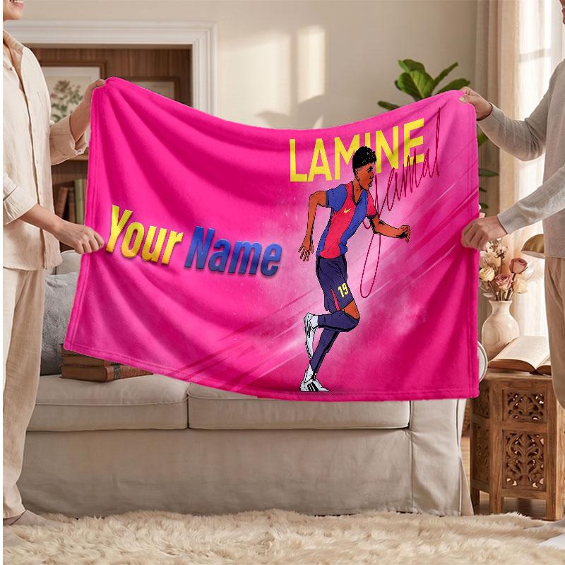 Lamine Yamal Personalized Fleece Blanket With Football Logo, Custom Name Text Soft Warm Home Throw Blanket