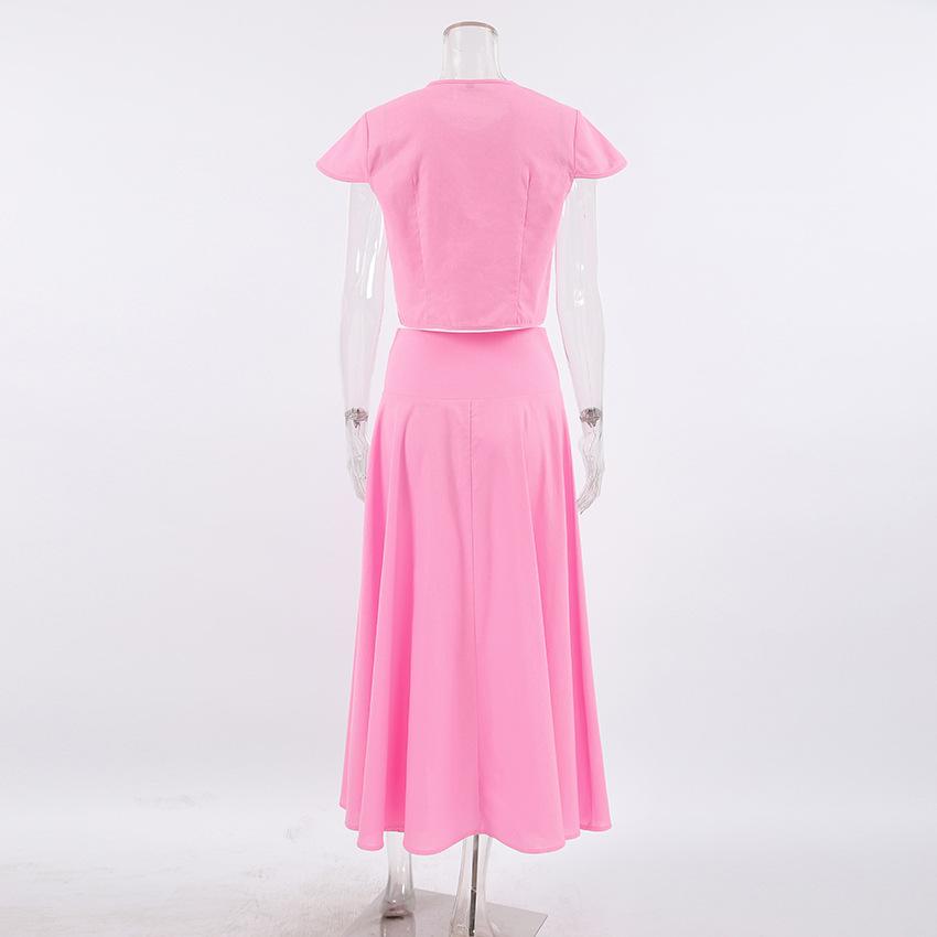 Women Vest Skirt Suit Solid Color O-neck Single Breasted Short Sleeve Short Top Button Wide Leg Skirts Female Summer Lady Beach Wears