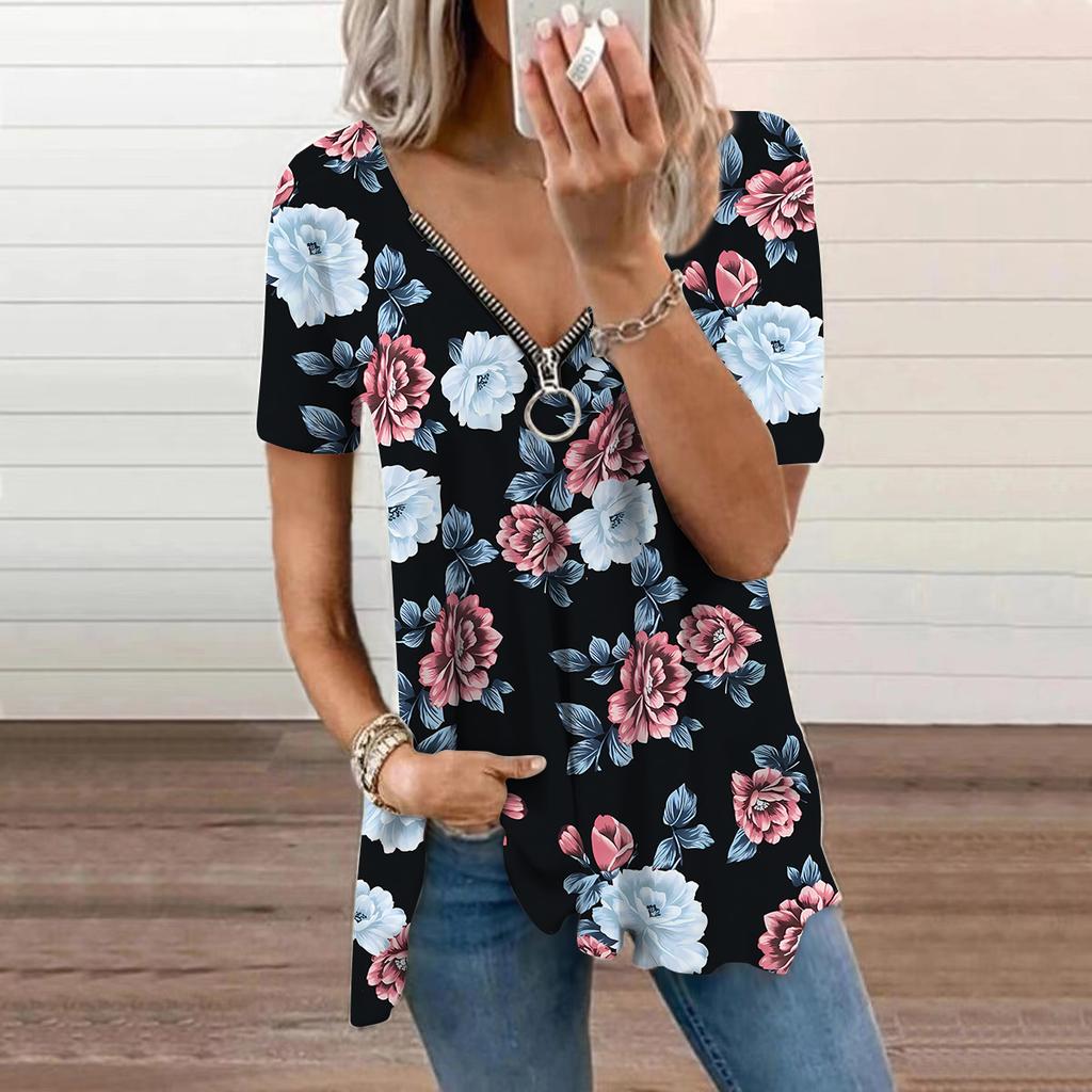 Women's Top Summer New Fashion Red Cherry Printed Casual Zipper V-neck Short Sleeve Top