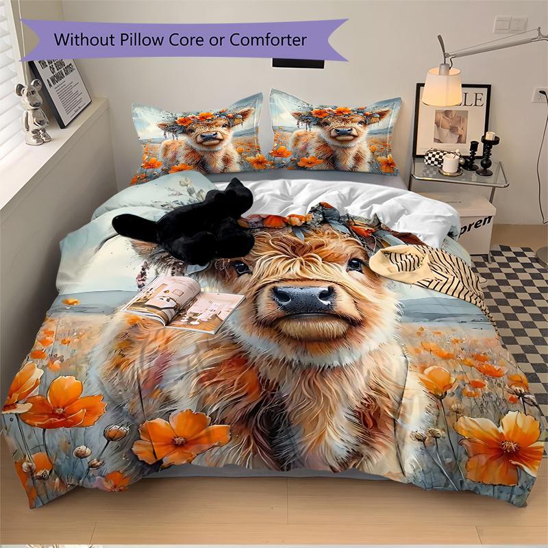 3pcs Floral Crowned Calf Bedding Set, Includes Quilt Cover and Pillowcases, Suitable for All Seasons