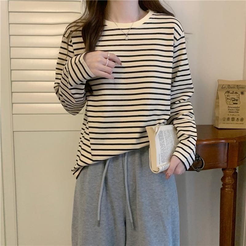 

Round Neck Long-sleeved T-shirt for Women New Autumn Wear Loose and Versatile Striped Bottoming Shirt Casual Inner Top M чёрный