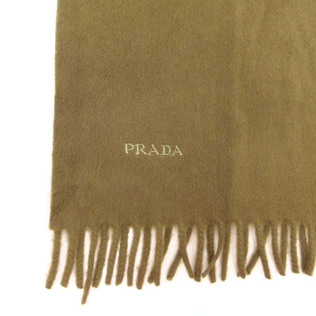 Used Prada PRADA Beautiful Condition Short Muffler Stole 100% Cashmere Fringe Logo Embroidery Khaki Green /JS IBO100