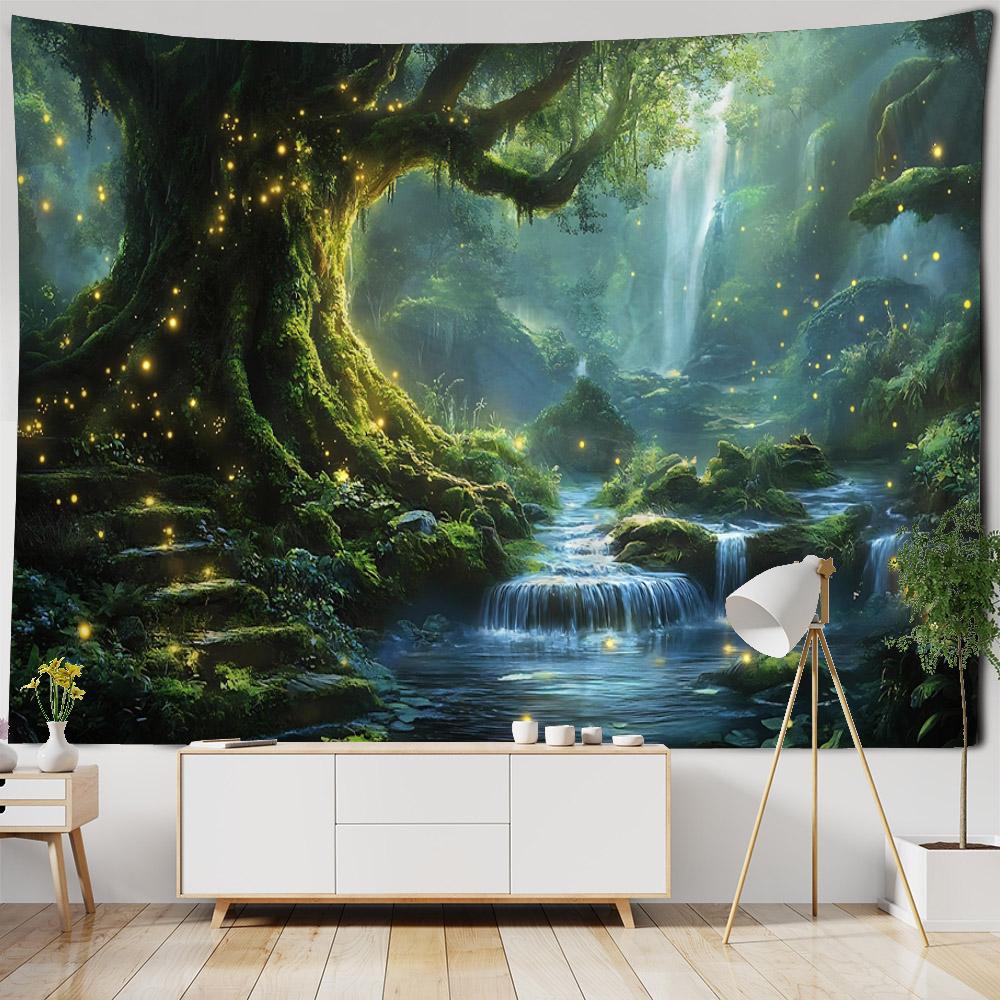 Forest Firefly Tapestry Dreamy Landscape Polyester Wall Hanging Fabric Aesthetic Home Decoration Living Room Background Poster