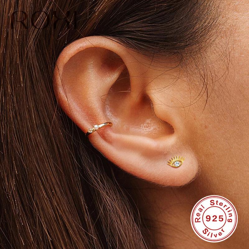 S925 Sterling Silver Diamond Eye Stud Earrings, Whole Body Sterling Silver Hollow Earrings Creative Fashion Elf