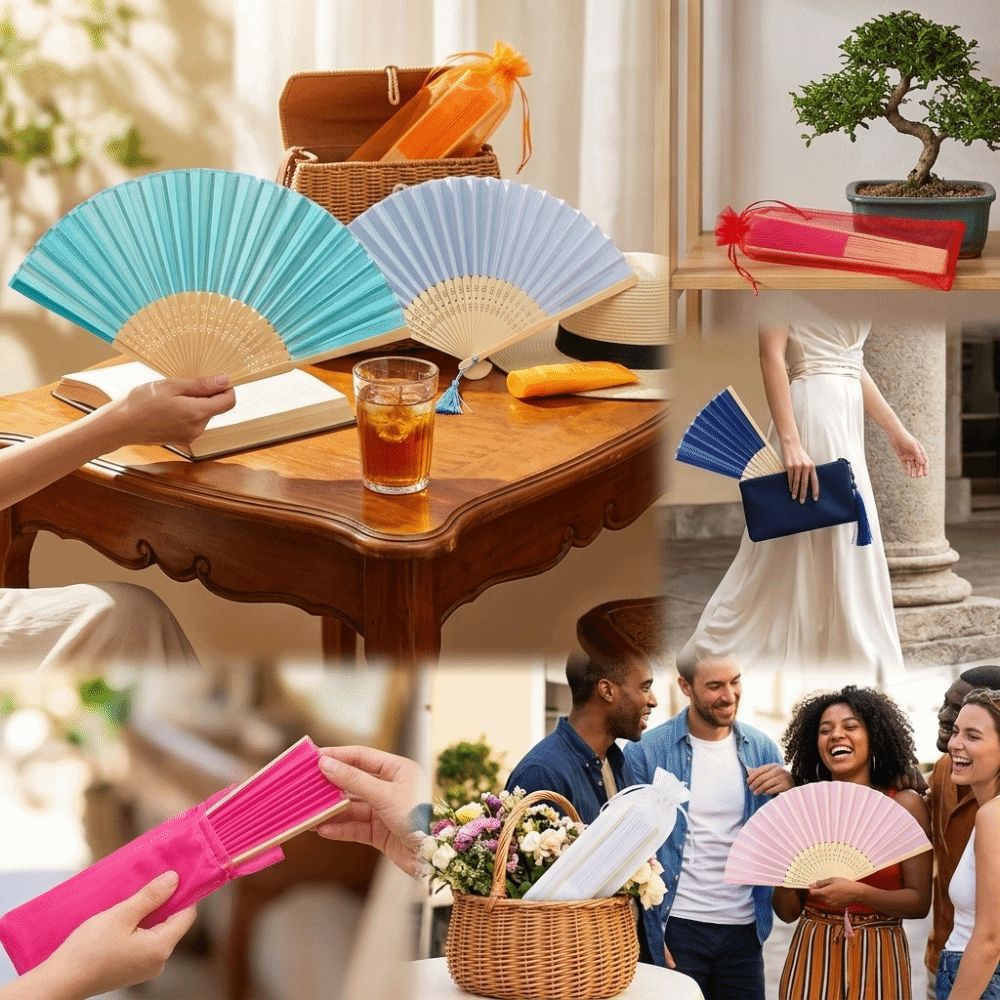 Chinese Style Folding Fan Cooling Tool with Organza Bag Silk Hand Fan with Tassel Wear Resist Dance Fan Festival Party