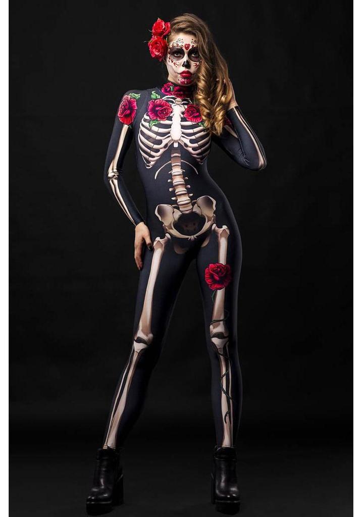 Sofort verfügbar Halloween Damen Cosplay Jumpsuit - Rosen-Skelett-Print für Eltern-Kind-Kleidung