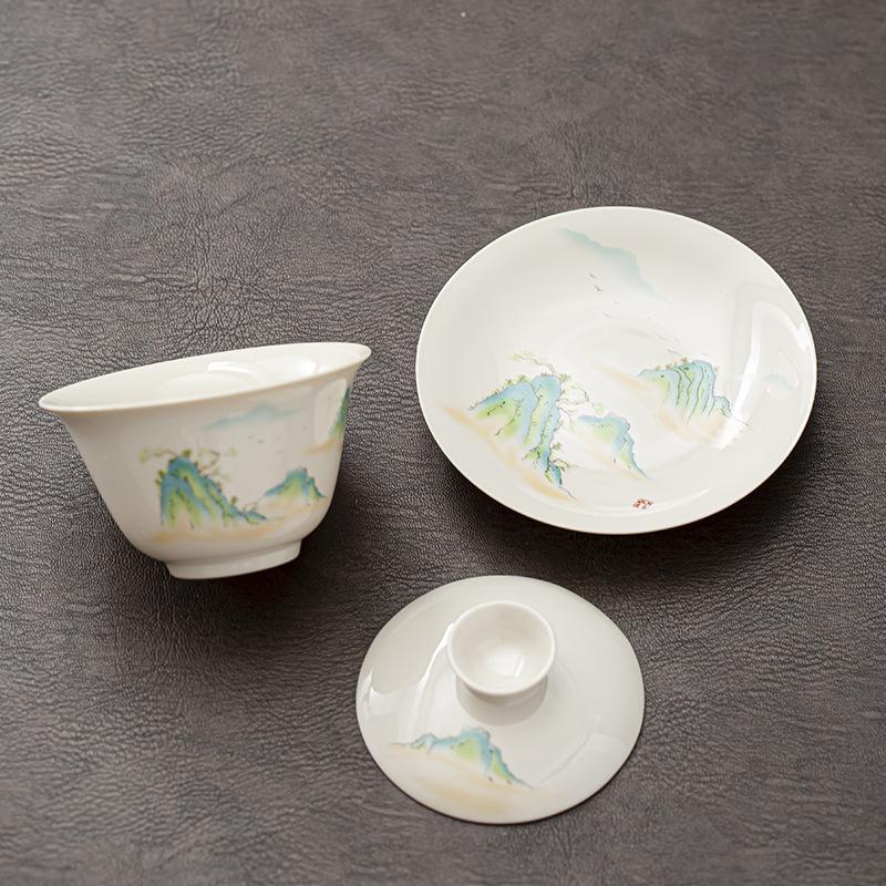 Ceramic Handmade Kung Fu Zen Gaiwan, Creative Hand-painted Chrysanthemum Tea Set, Office Tea Bowl with Saucer, Drinkware