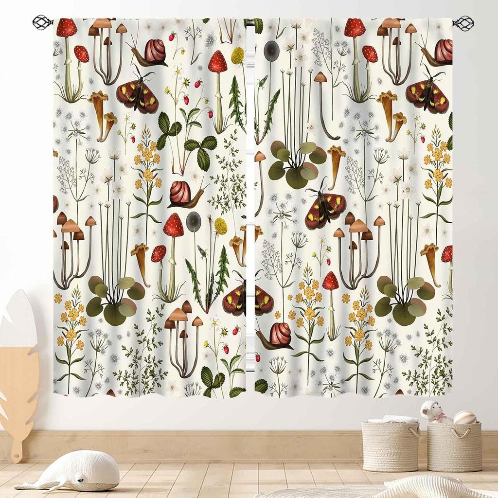 Mushroom Curta, Retro Wild Floral Botanical Mushroom Cottagecore Nature Plants Herbs Farmhouse Blackout Drapes For Kitchen