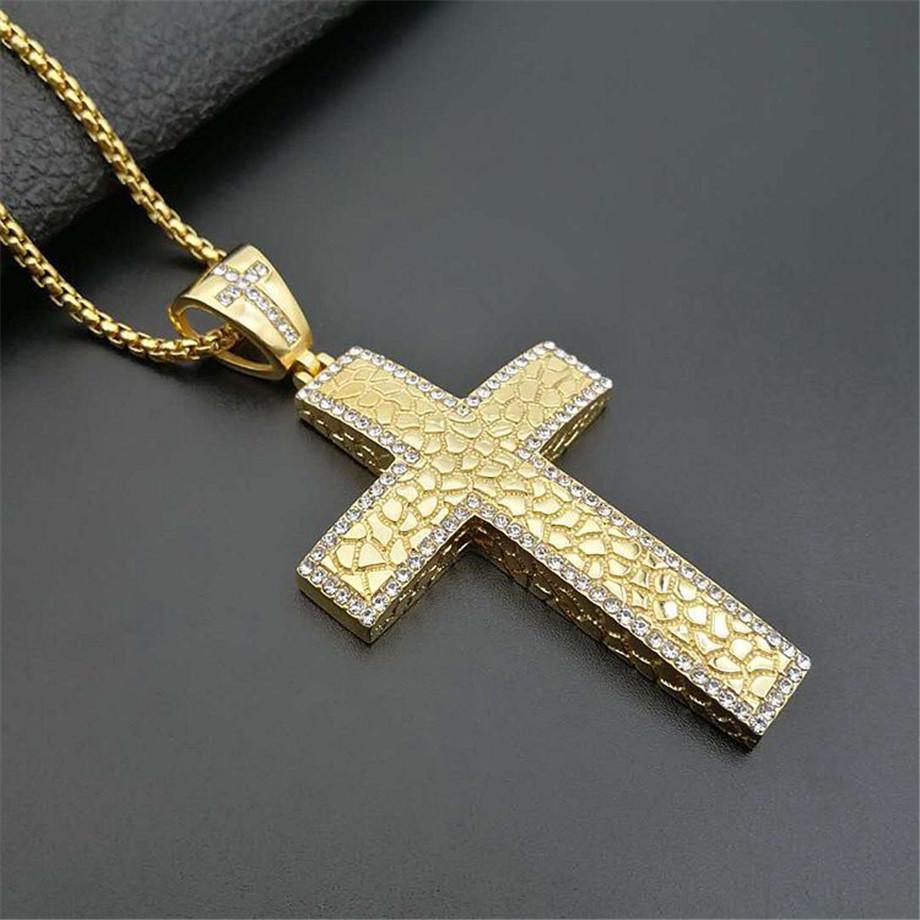 Iced Out CZ Large Big Cross Pendant With Chain Gold Color Stainless Steel Men Necklace Hip Hop Bling Bling Jewelry N1492