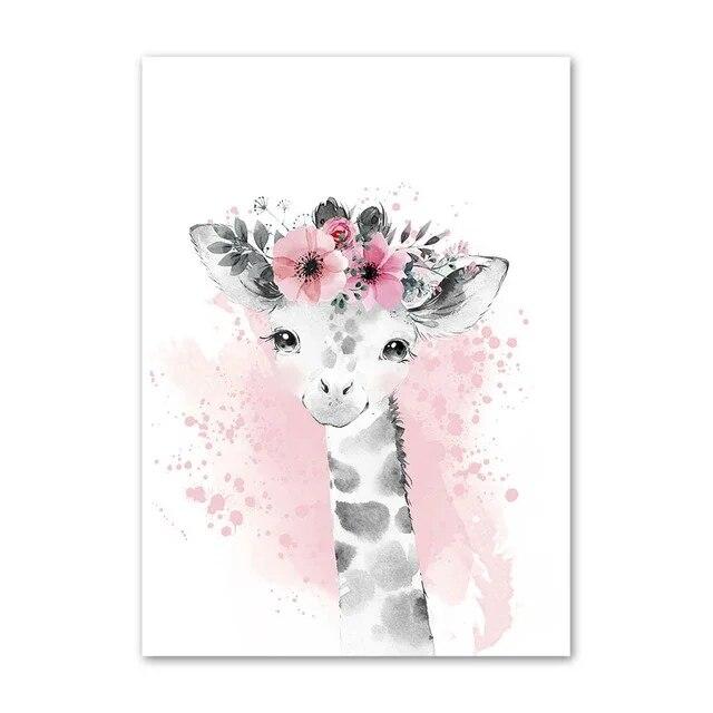 Acquerello Fiore Animale Tela Pittura Asilo Nido Rosa Baby Arte Murale Nordico Poster Stampe Zebra Elefante Giraffa Decor Immagini