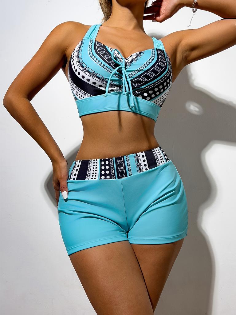 Stripe Cross Strap High Waist Drawstring Boyshorts Two Piece Bikini Set Trendy For Vacation