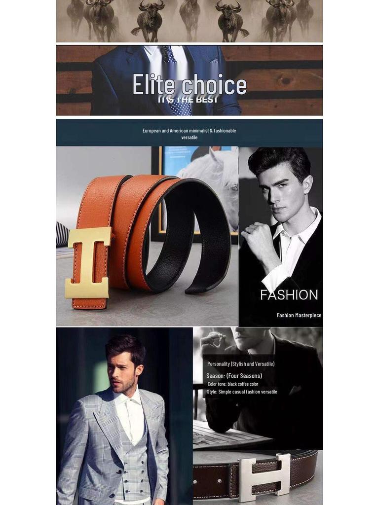 Pánský módní kožený pásek z hovězí kůže s H přezkou 2022 - Stylový a trendy pásek přes pas pro mladé lidi