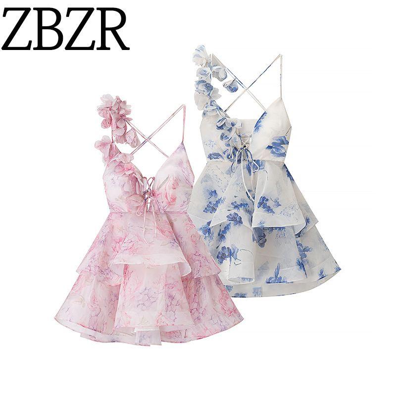 Zbzr Spring New Women clothes Western Style Three-Dimensional Flower Decoration Waist Hugging Temperament Sling Dress Short dress Sexy