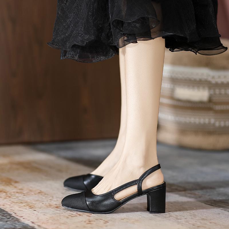 In Stock French Coco Style Soft Leather Color Block Low Cut Sandals - Women's Spring Mid and Thick Flat Heels