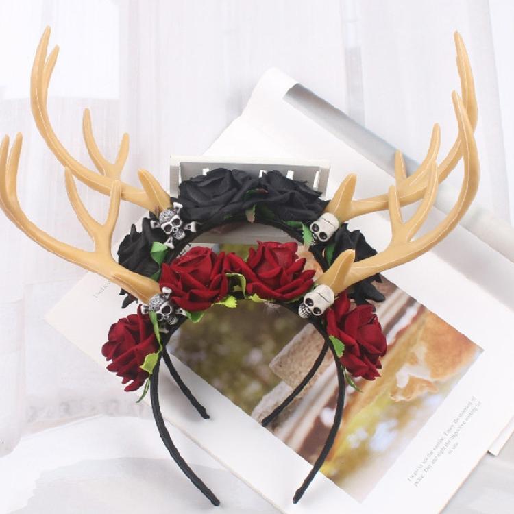 Gothic Flower Skull Headdress Deer Horn Headband Halloween Party Accessories