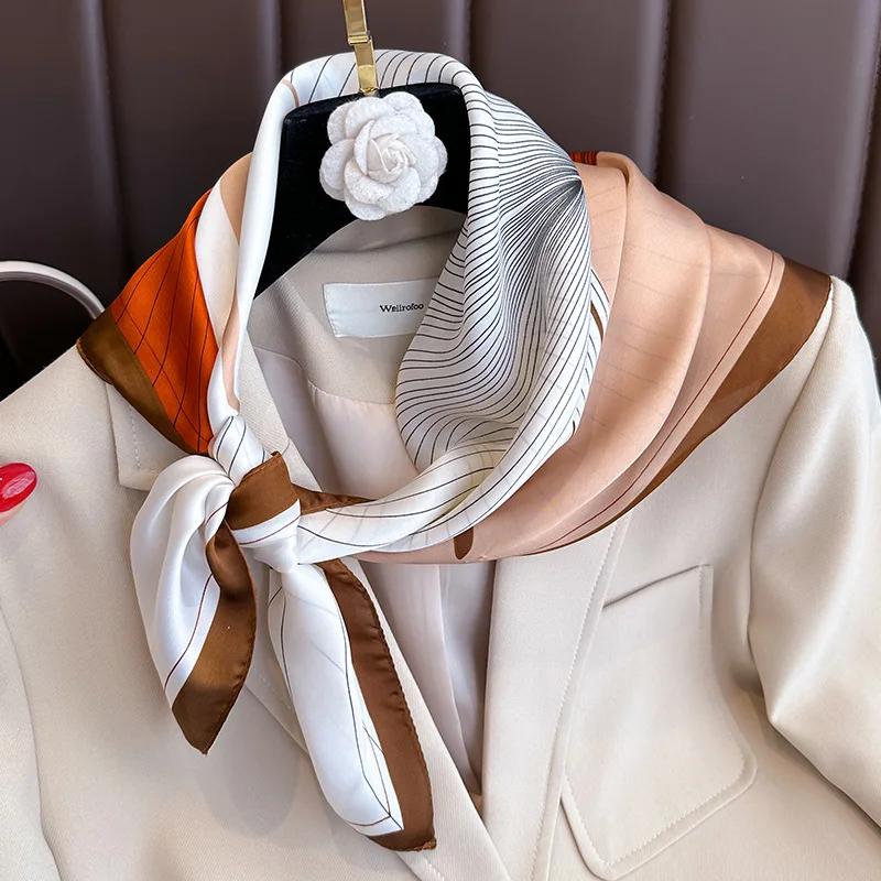 Fashion Stripes Print Silk Square Scarf Women Splicing Colors Soft Satin Foulard Decoration Hairband Neckerchief Hijab Headband