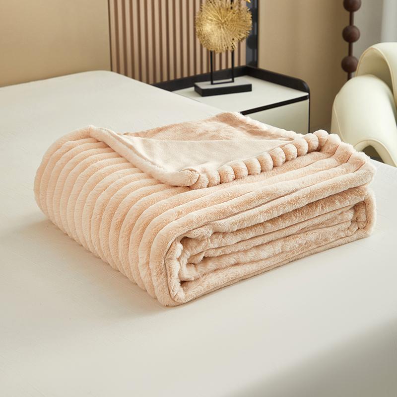 Solid Colour Three-dimensional Stripes Drawstring Rabbit Hair Cover Blanket Winter Soft Warm Double Layer Thickening Cover Blanket