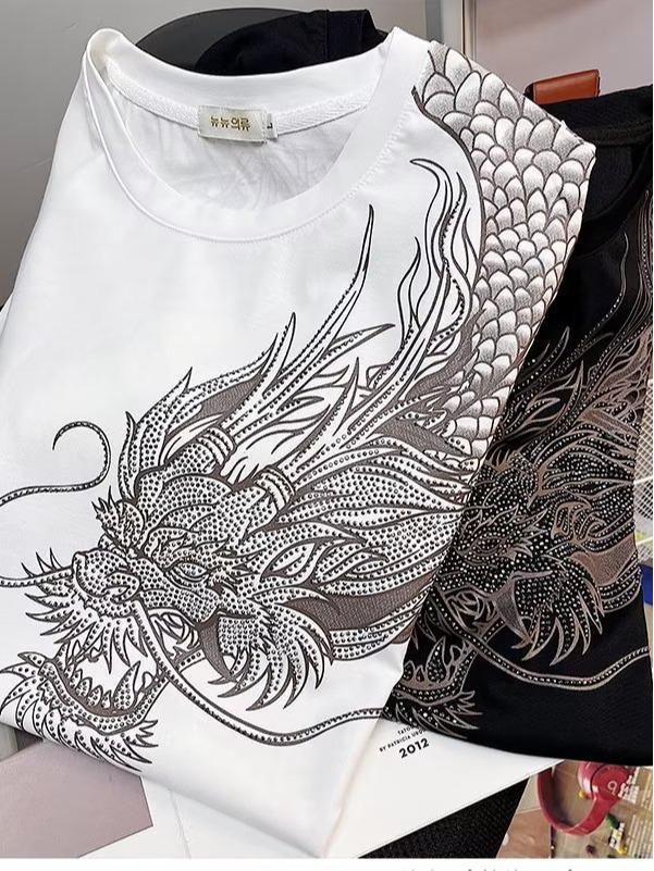 T-shirt Trendy da Uomo a Maniche Corte con Drago di Strass - Stile Celebrità Estivo