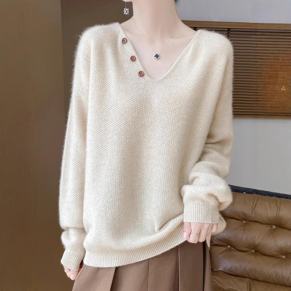 Women's V-Neck Cable Knit 100% Wool Sweater - Autumn/Winter, Solid Color, Loose Fit, Long Sleeve, Cozy Cashmere Layer