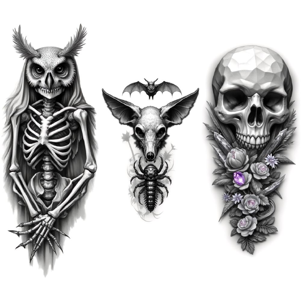 3 Stück Temporäre Tattoos Realistische Temporäre Tattoos Skelettkauz Schädel Mit Schlange Mechanischer Schädel Für Oberschenkel Arme Frauen