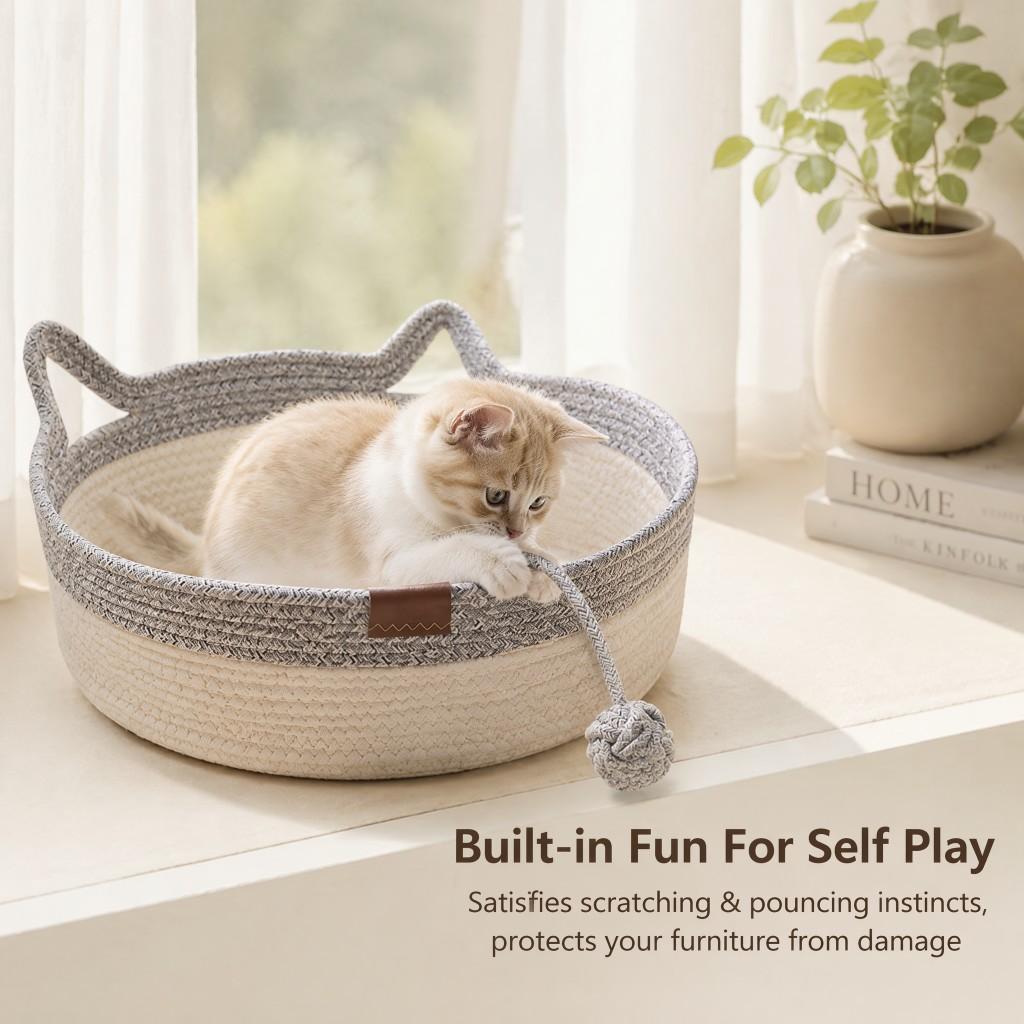 Hand-woven cotton cat basket interactive grinding claw nest with rocking toy tail four seasons breathable pet bed gray cat nest + toy ball small