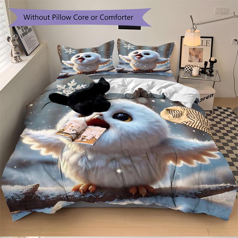 3pcs Winter Wonderland Snowy Owl Bedding Set - Includes One Quilt Cover and Two Pillowcases (No Core) - Festive Gift for Bedroom Decor - Pol 135x200cm
