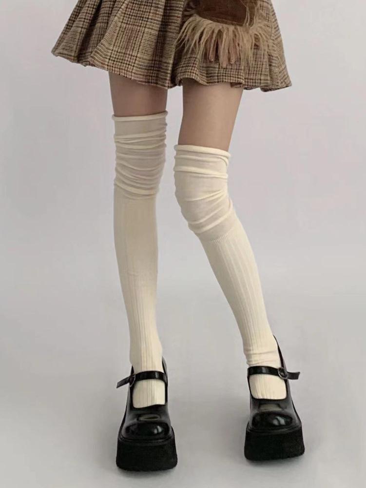 Damen Overknee Patchwork Lange Socken, Slouch-Stil, Frühling/Herbst, Milchweiß, Hoher Schaft für Stiefel mit Knieschonern