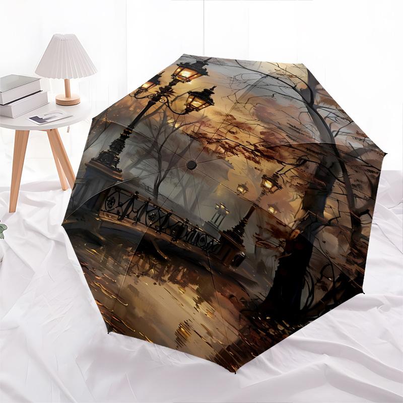 Lanterns, Autumnal Pathway Themed Automatic Opening and Closing Umbrella, Brightly Colored 8-rib Portable Umbrella, Suitable for Men and Wom