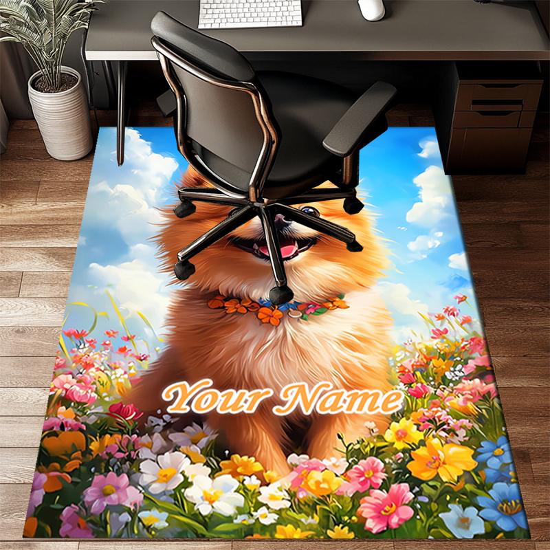 1PC Custom Name Floral Pomeranian Portrait Theme Floor Mat Ideal for Living Room, Game Rooms, Office, Bedroom, Floor Mat Playful Design
