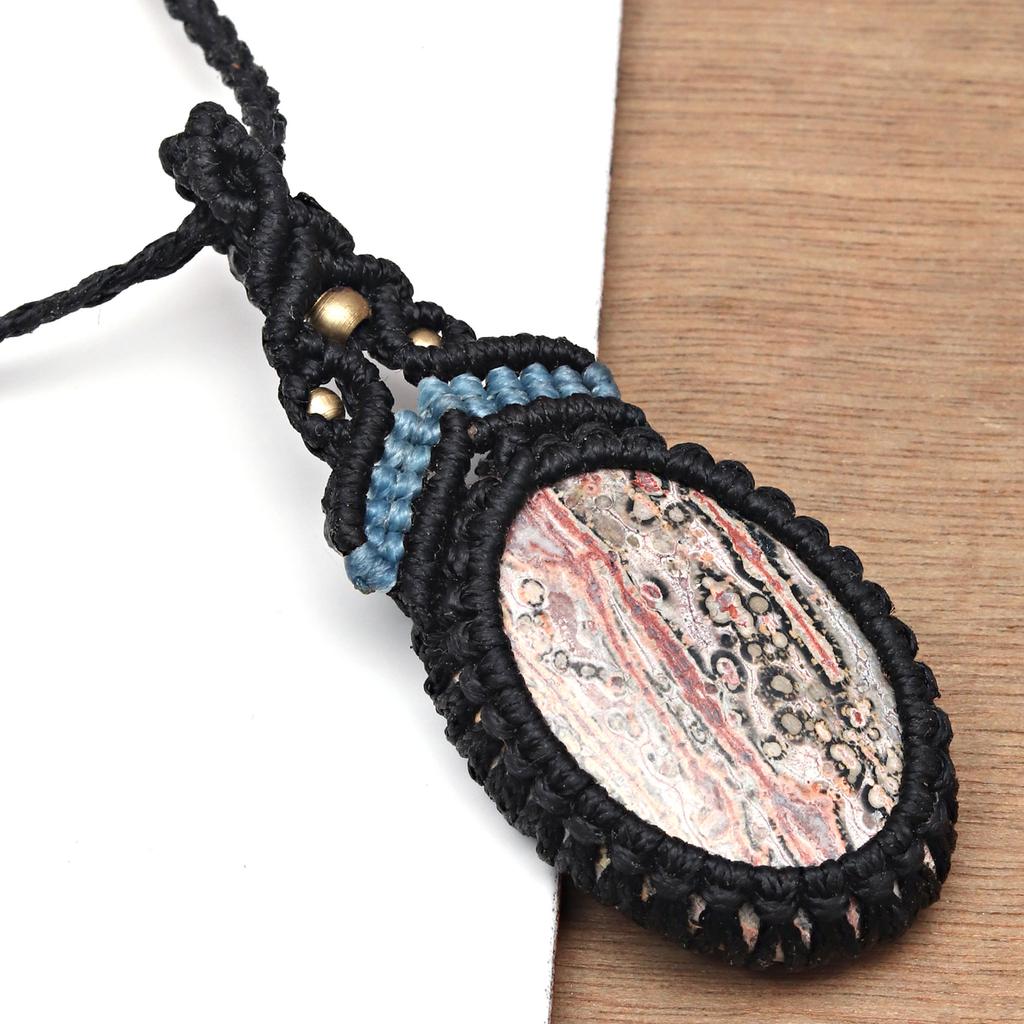 Jasper Leopard Skin Jewelry Necklace Gemstone Macrame Thread Handmade 20-36''Ad