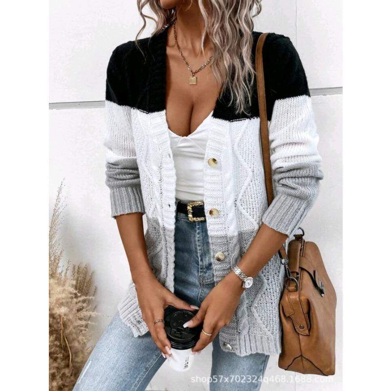Women European American Lazy Style Striped V Neck Long Sleeve Knit Cardigan Sweater