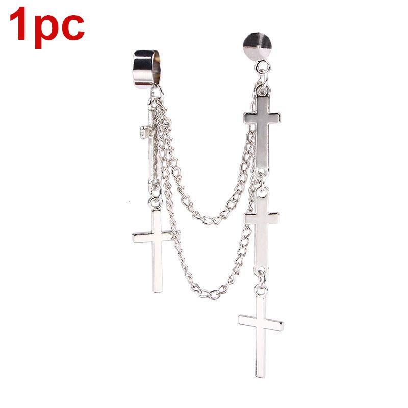 Punk Cross Tassel Øredobber Kvinner Integrert Clip Stud Ørering Kristen Gotisk Hip Hop Smykker Metallkjede Ørering Ørering Ørering Menn