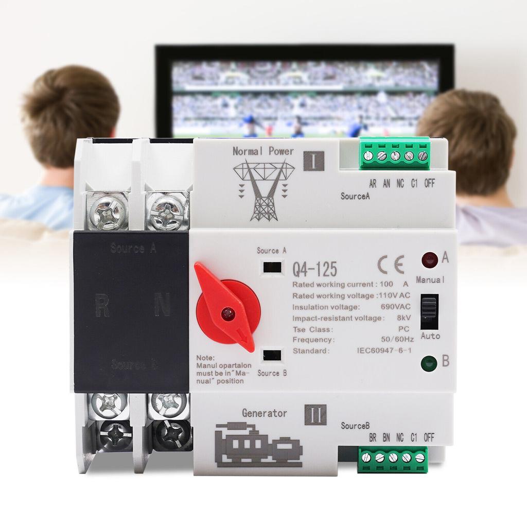 2P 100A Dual Power Automatic Transfer Switch for Generator ATS Changeover Switch AC 110V 60Hz PC Level