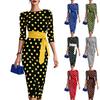 Women’s Summer Polka Dot Round Neck Bodycon Dress with Waist Belt Slim Fit Three Quarter Sleeve Midi Length