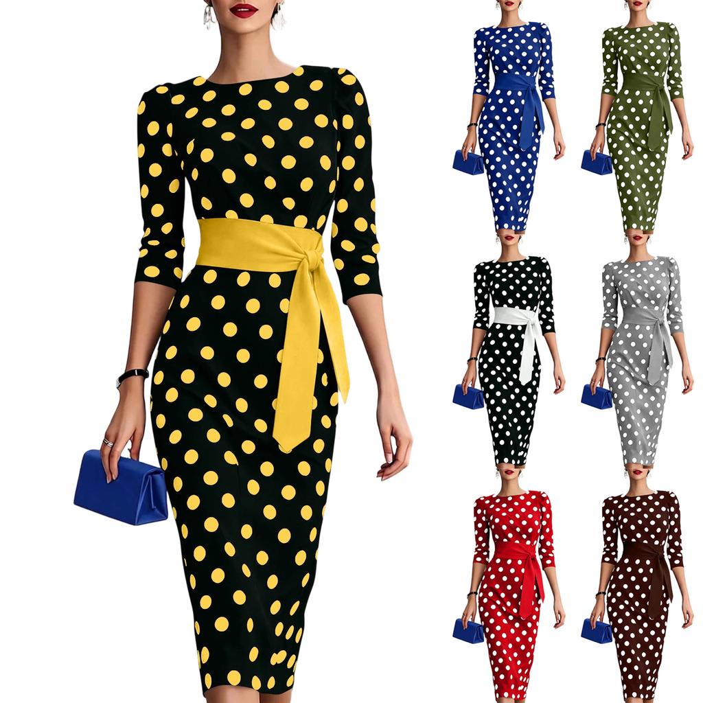 Damen Sommer Rundhals Gepunktetes Bodycon Kleid mit Taillengürtel Figurbetont Dreiviertel Ärmel Eleganter Stil für Büro Party