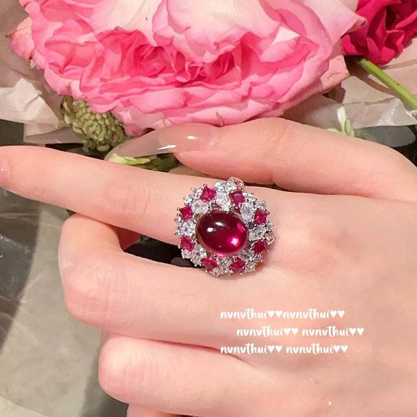 Papalacha Bouquet Gemstone Earrings, Duobao Thistle, 18K Gold Plated, Rouge Magenta Flower Zircon Ring