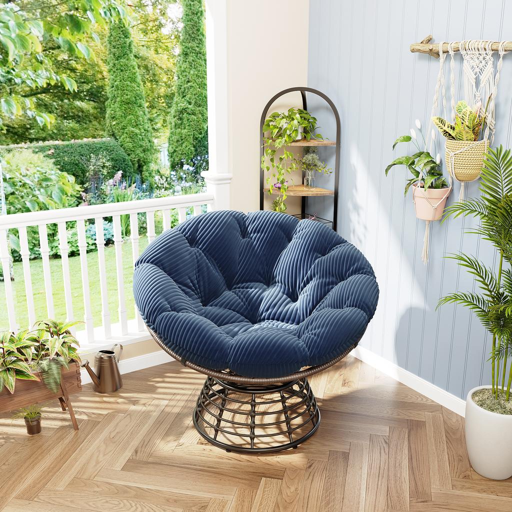Comfortable Wicker Papasan Chair, 360 degrees Swivel Indoor Outdoor with Soft Thick Cushion, Ideal for Living Room, Brown Frame