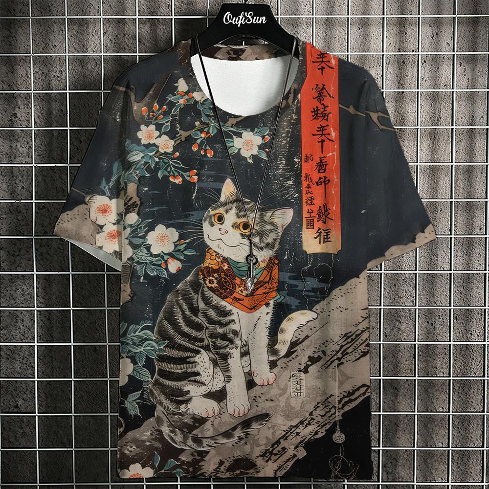 Retro Japanese Ukiyo-e Style Summer 3D Oversized Men's T-shirt Loose and Comfortable Breathable, Suitable for Daily Wear